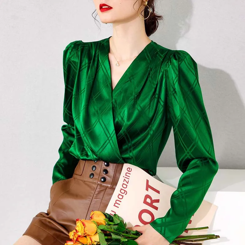Primăvara designeri lux, reală de mătase bluze femei cu maneci lungi elegante v gât solide de office camasa feminino blusas verde topuri - Îmbrăcăminte Pentru Femei / Medicalshoes.ro